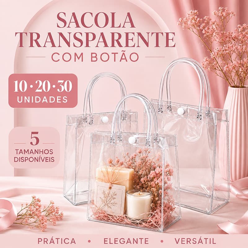 Kit Sacola Transparente PVC com Alça 10/20/30 PCS Para Festas Casamento Natal e Aniversário