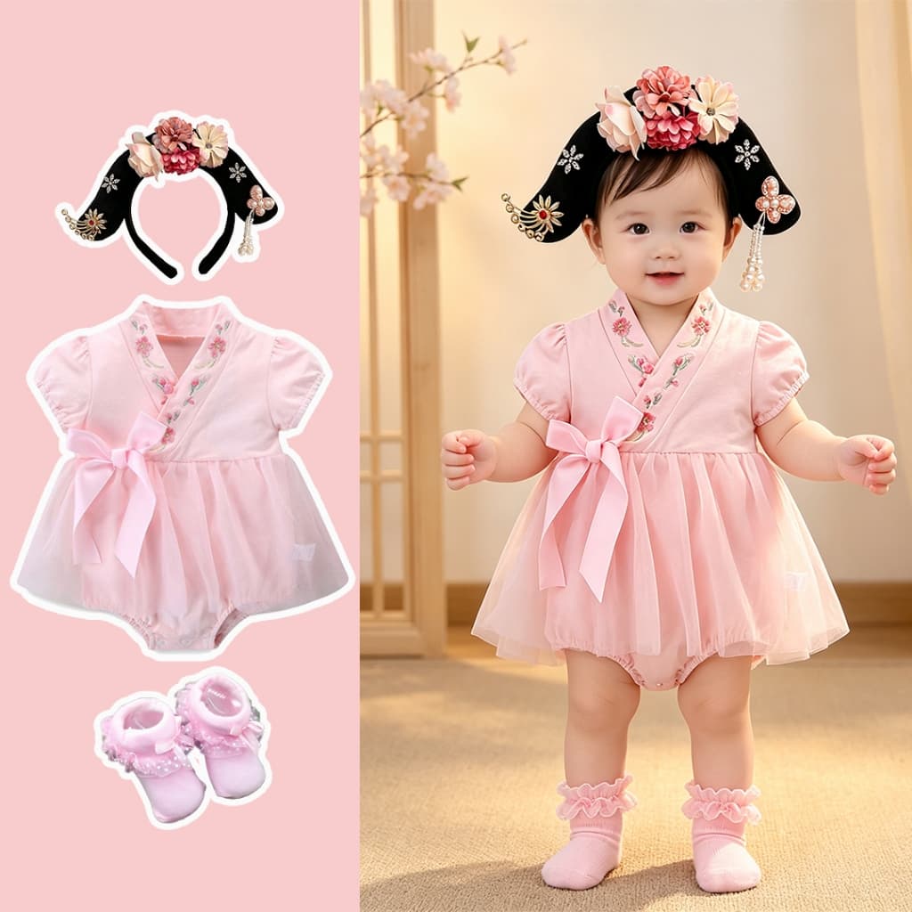 Macacão De Bebê Menina Bonito Manga Curta retro Roupas Tradicionais