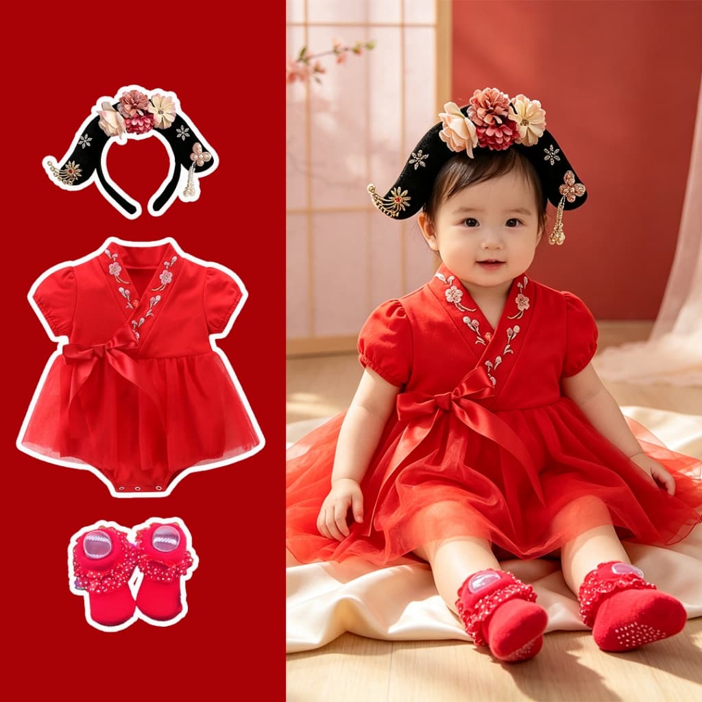 Roupas De Bebê Menina Retrô De Manga Curta Tradicionais , Macacão Com Padrão Bordado Para Meninas