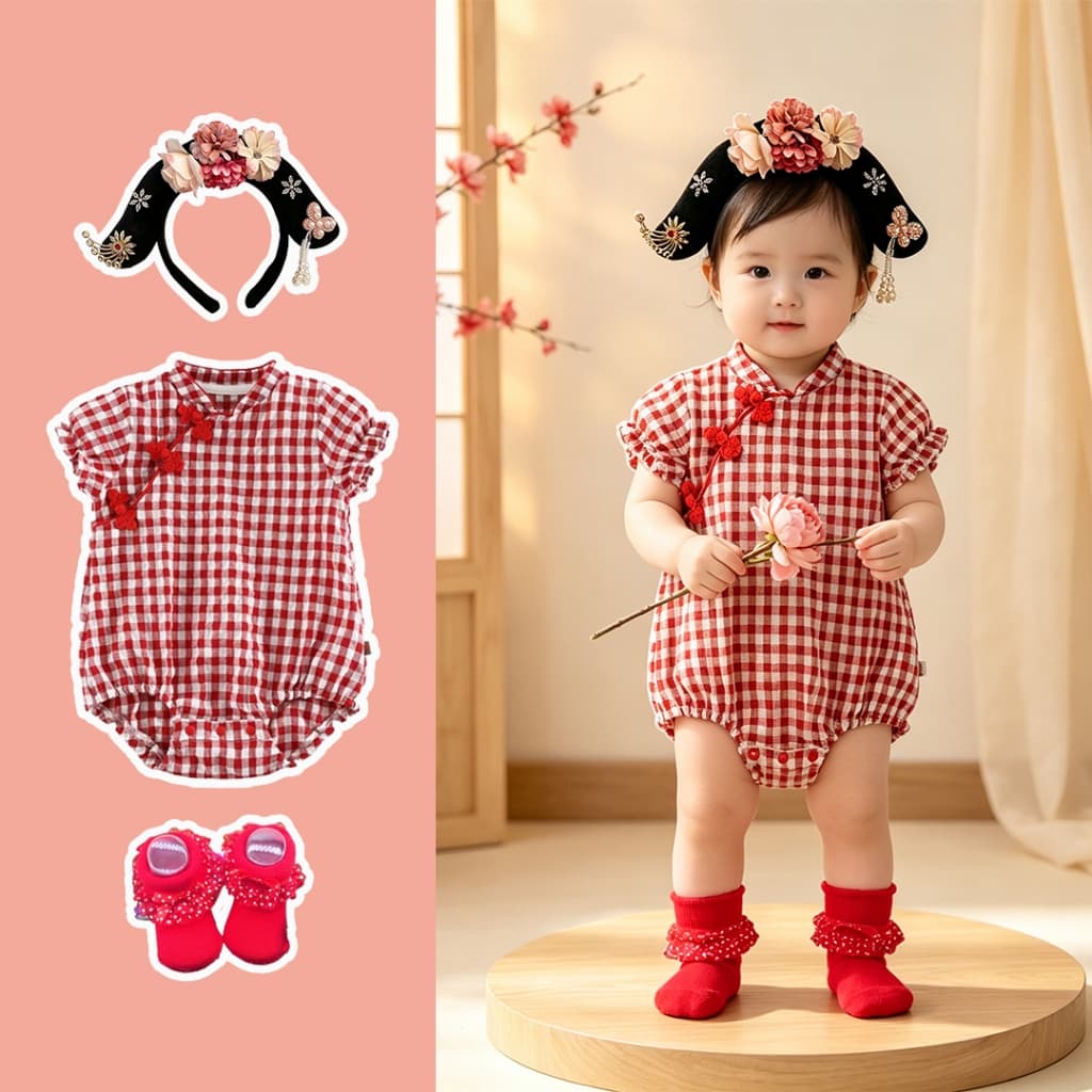 Macacão De Bebê Menina Retrô Xadrez Roupas Tradicionais Manga Curta cheongsam