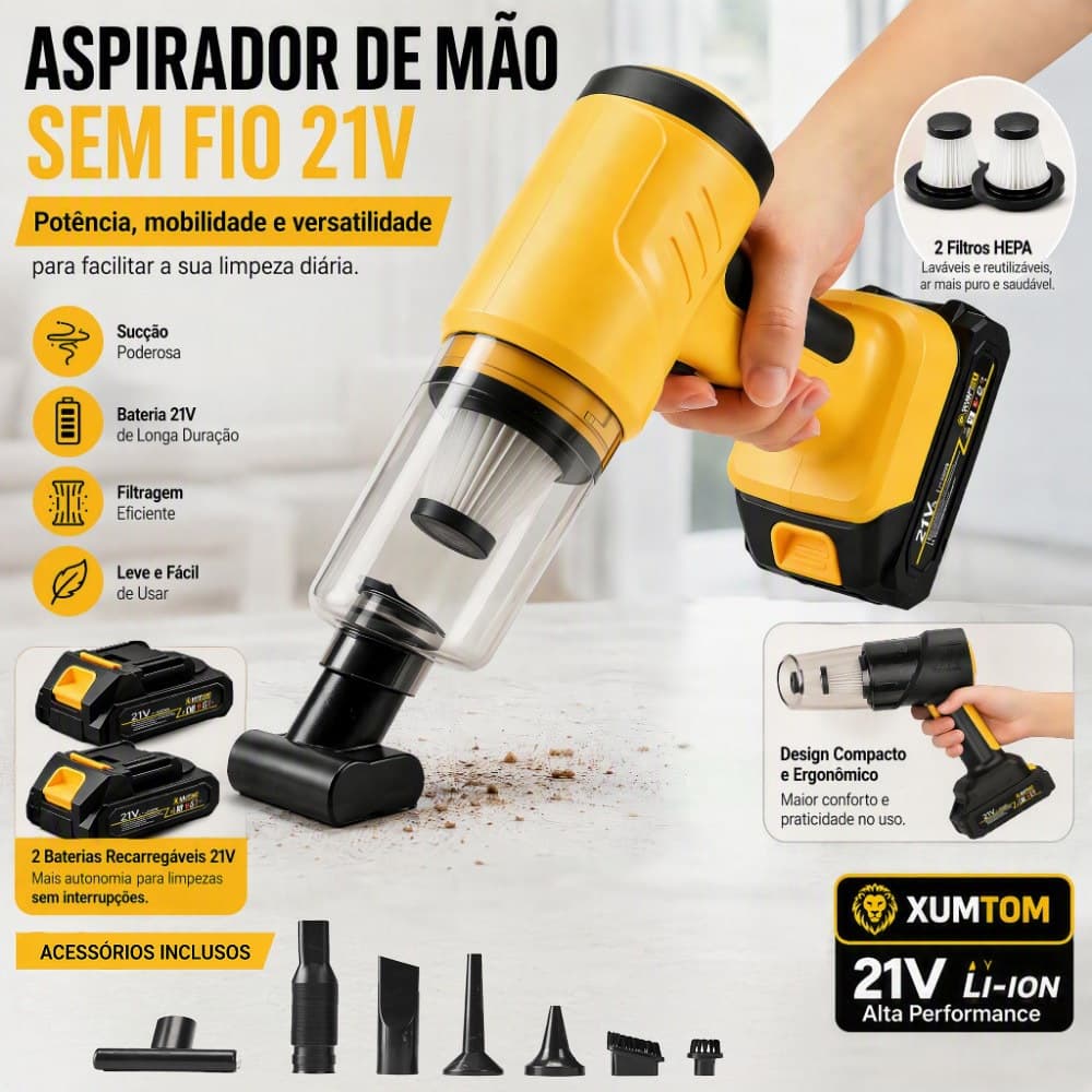 Aspirador de pó portátil sem fio para carro e doméstico 7 em 1 com 21V 2 Baterias