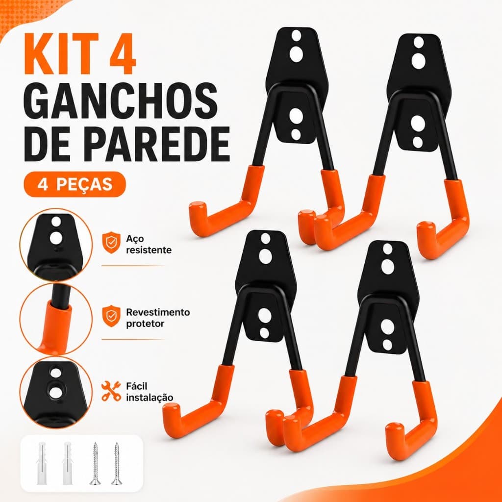Kit 2/4 Suporte de Parede de Aço Multiuso 23kg, para Bike, Mangueira, Escada e Vassoura, Preto