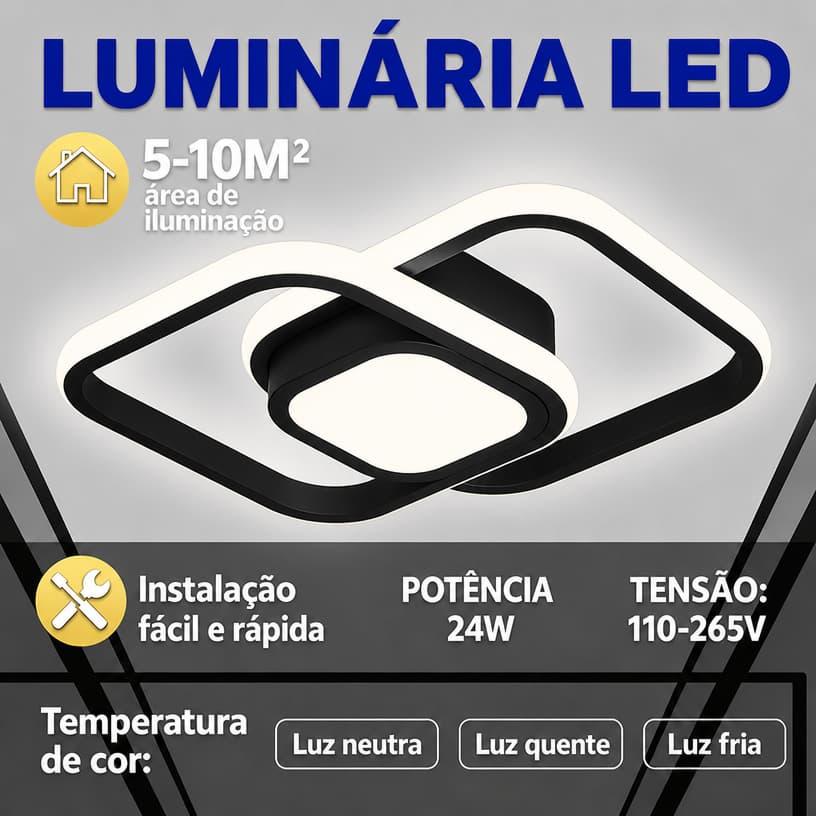 Lustre LED de Teto 3 Cores Bivolt 110-220V Moderno para Sala Quarto Cozinha Corredor