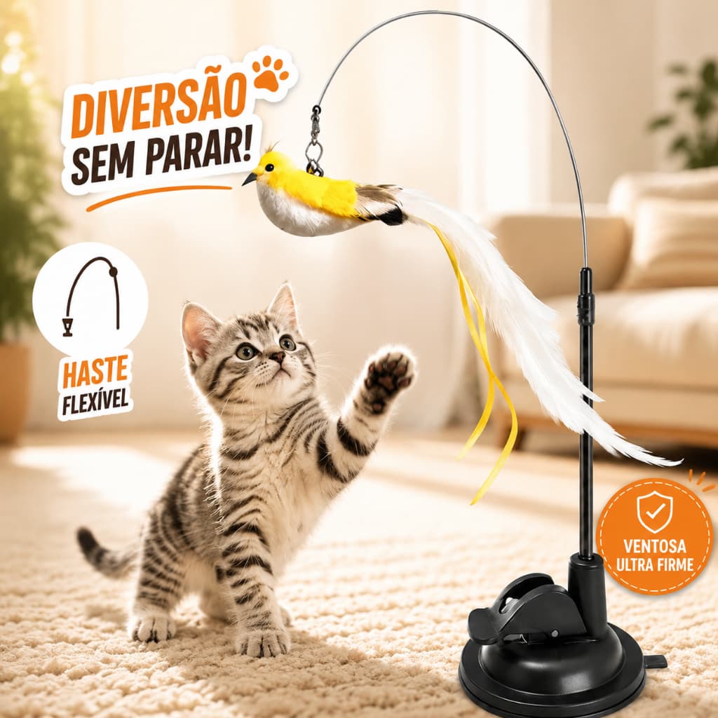 Brinquedo Varinha Gato Pena de Passaro Com Ventosa Fixa No Chao