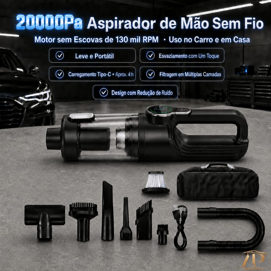 Aspirador Portátil Automotivo Sem Fio Brushless 20.000Pa, 3 Velocidades, Aspira e Sopra, com LED, para Carro e Casa
