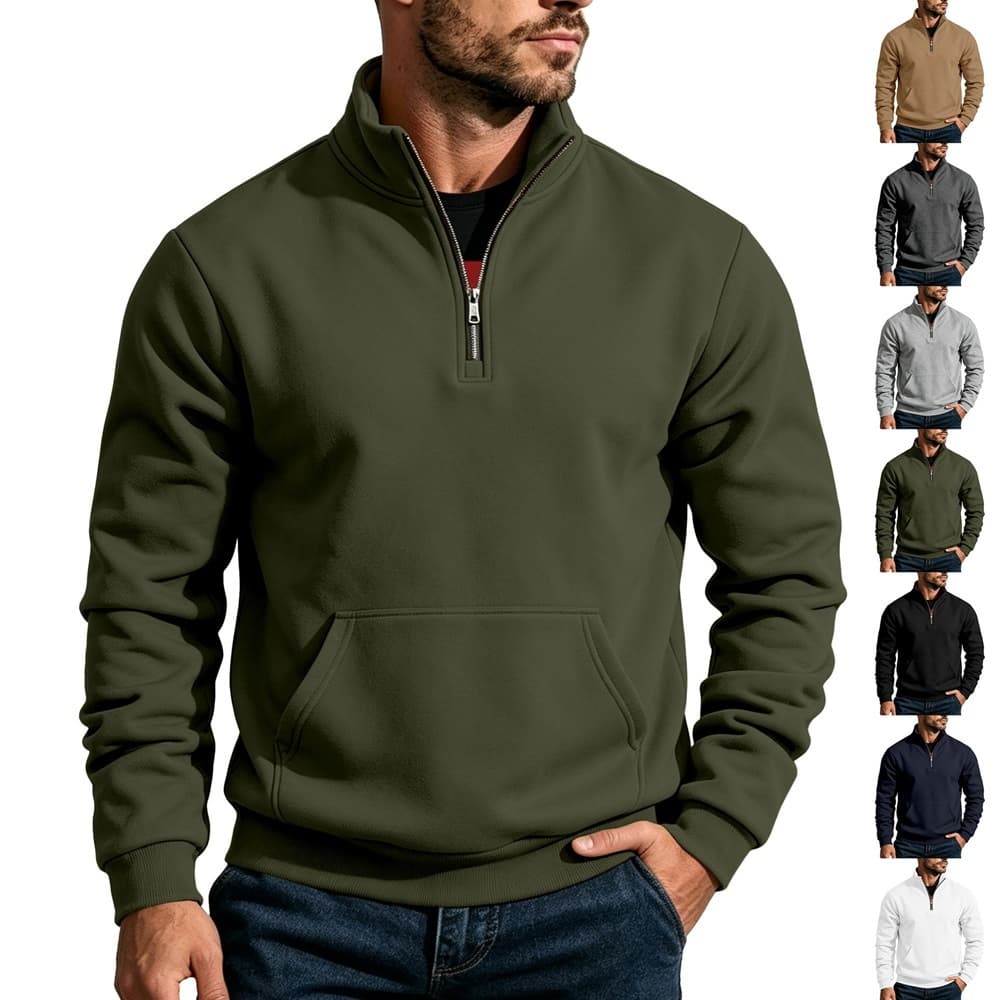 Moletom Masculino Com Zíper De Quarto , Pulôver Casual De Manga Comprida Gola Alta E Bolso Canguru