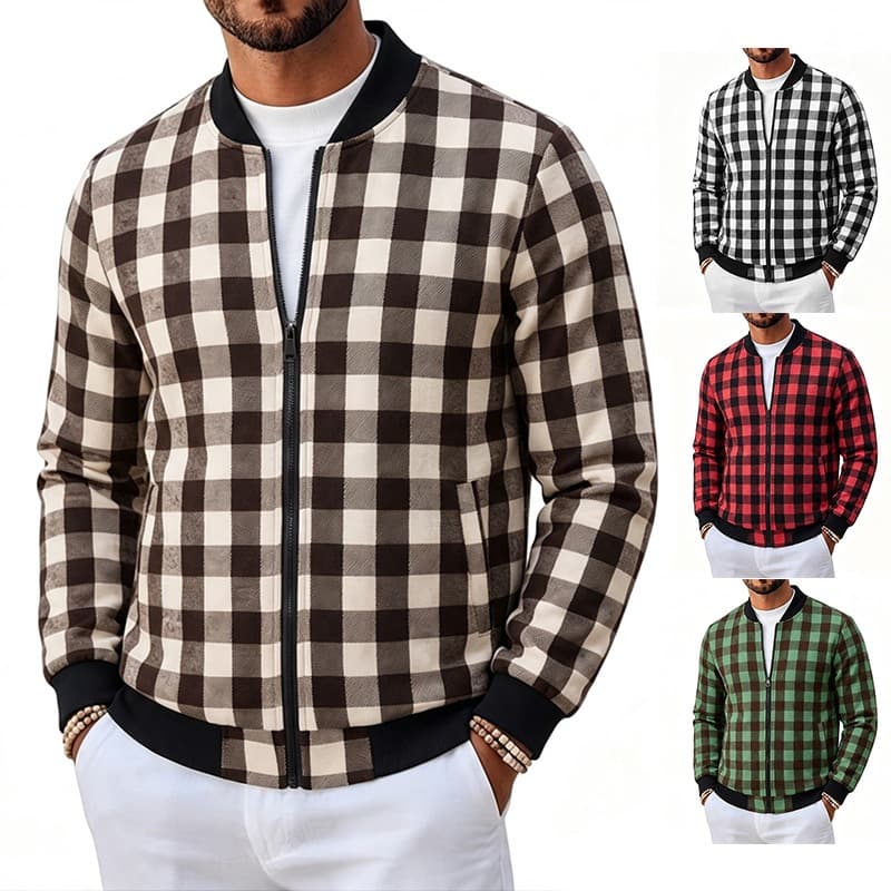 Jaqueta Bomber Masculina Com Gola De Beisebol Xadrez , Casaco Casual Leve De Manga Comprida Zíper Completo