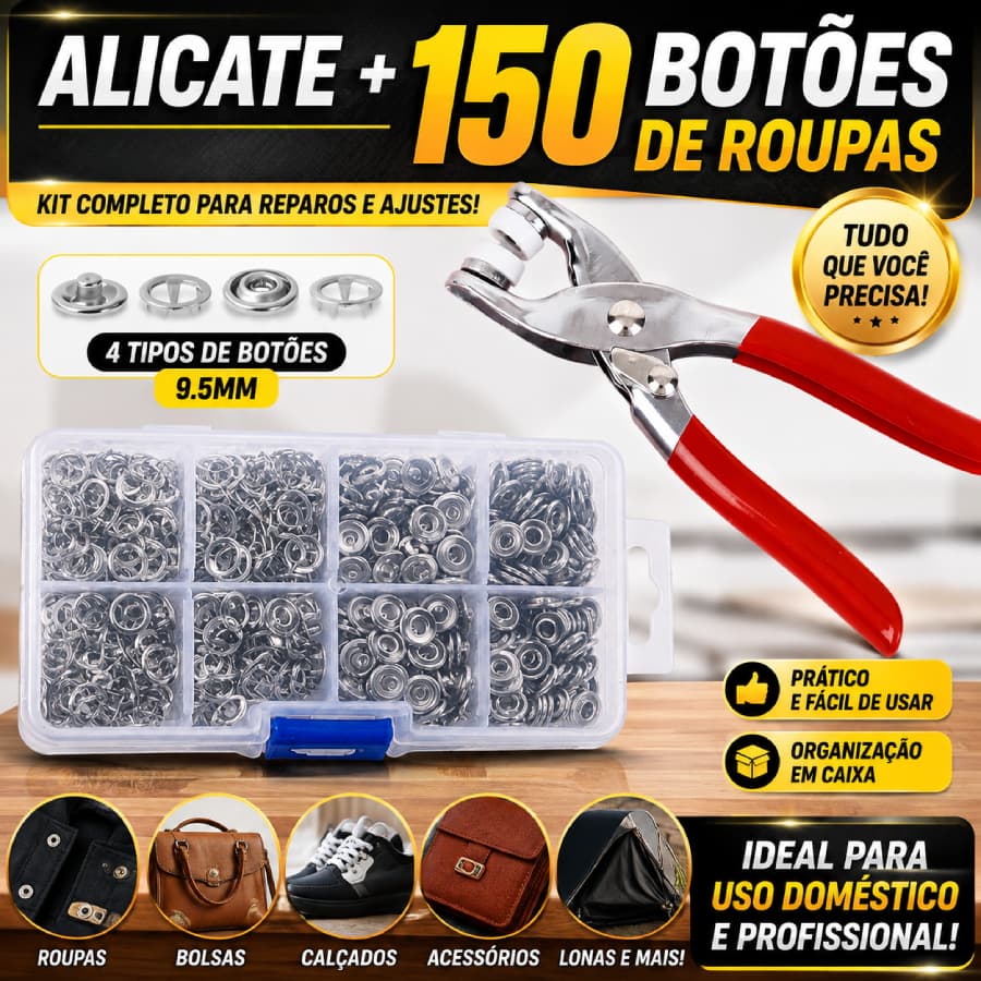 Alicate Aplicador com 150 Botões de Pressão de Metal, Kit Completo para Roupas, Costura e Artesanato