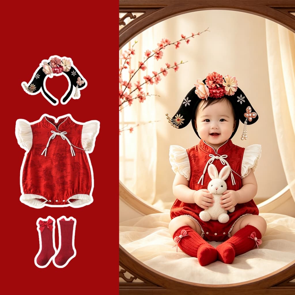 Macacão De Bebê Para Meninas , Roupas Tradicionais Retrô , Sem Mangas , Estampado , Celebração De Feriado
