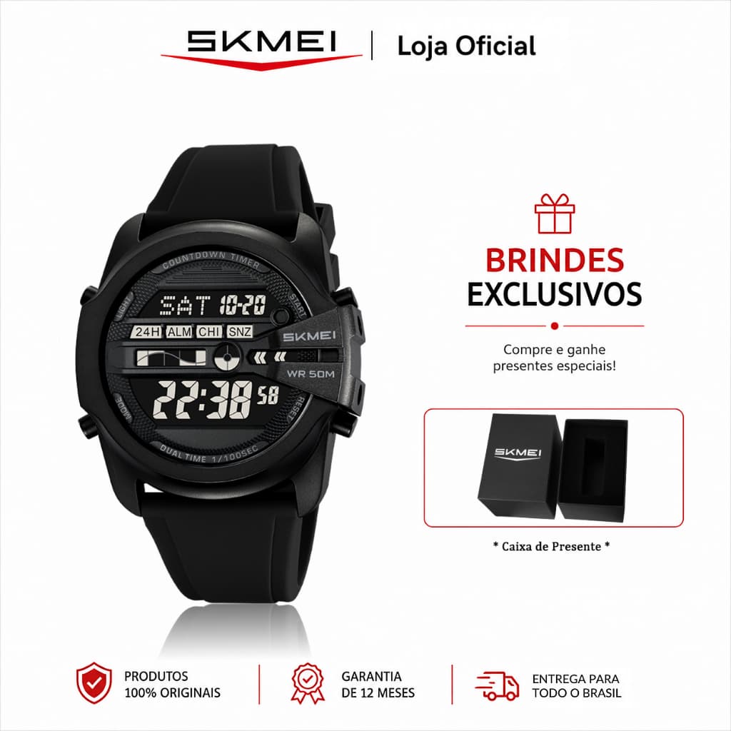 SKMEI Relógio Unissex Digital Esportivo Pulseira de Silicone Cronômetro Alarme Luz EL Contagem Regressiva 5ATM