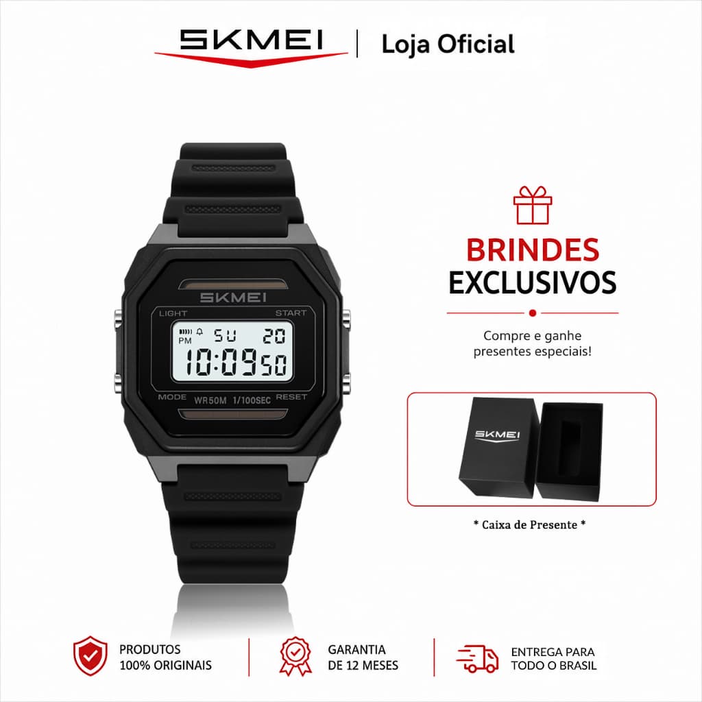 SKMEI 2640 Relógio Unissex Digital Solar Esportivo Cronômetro Alarme Luz EL Data Semana Resistente à Água 5ATM