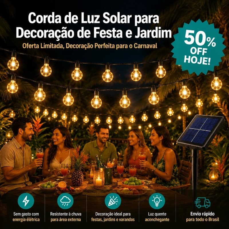 5m Luz Solar 50 LED Bolas de Cristal, Cordão Decorativo para Jardim e Área Externa, Resistente à Água