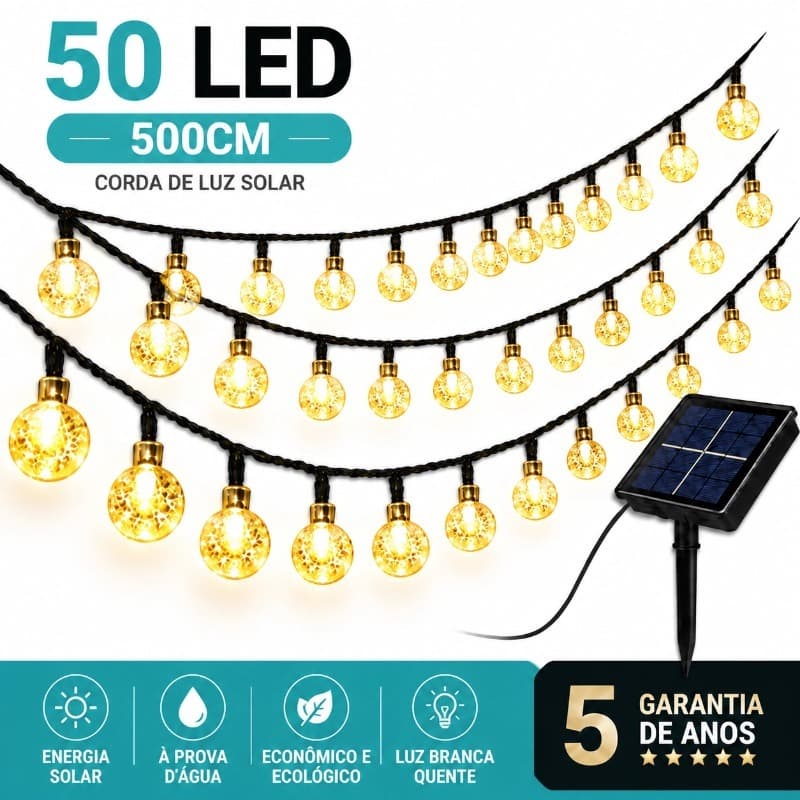 500CM Luz Solar 50 LED com Bolas de Cristal, Cordão de Luz Decorativo para Jardim, Área Externa e Festa, À Prova d'Água
