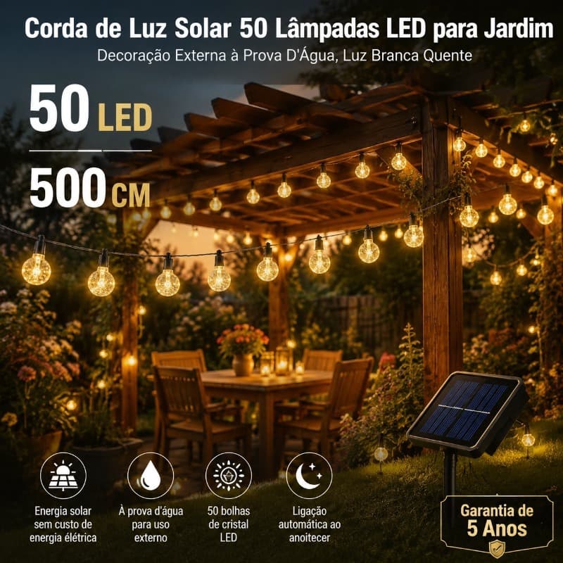 5M Luz Solar 50 LED com Bolas de Cristal, Cordão de Luz Decorativo para Jardim, Área Externa e Festa, À Prova d'Água