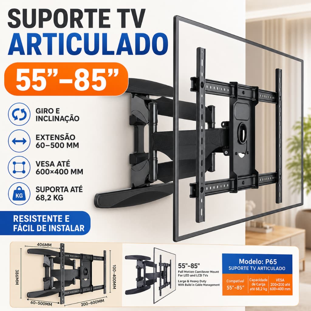 Suporte Tv Grande Gigante Articulado 55 A 85 Reforçado Giant Preto Suporte De Parede