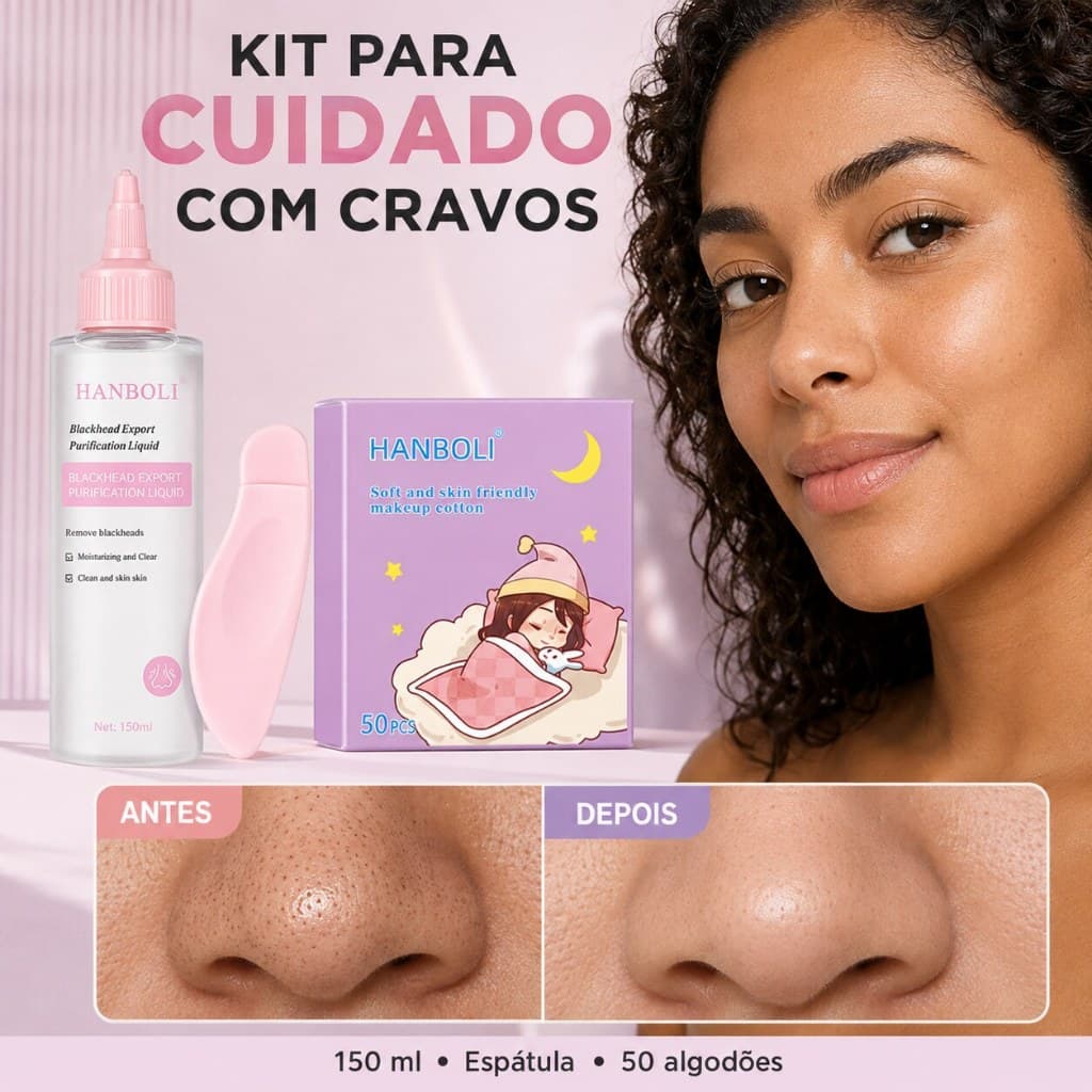 Removedor de Cravos 150ml Kit com Espátula e 50 Algodões Limpeza Facial para Poros e Cuidados com a Pele