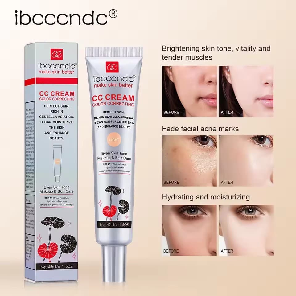 45ml Correção De Cor CC Creme Facial Centella Asiatica Reparação BB Corretivo Natural Clareamento Base Líquida Cosmético