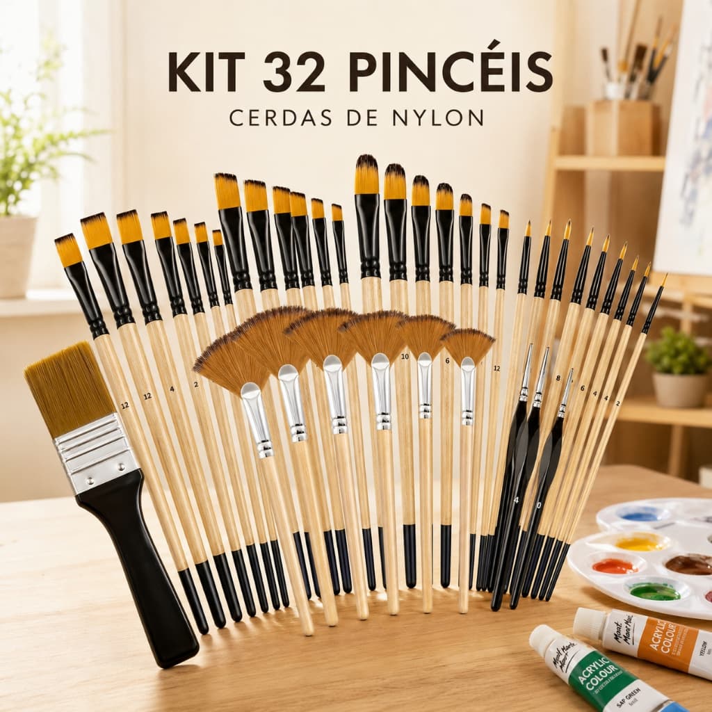 Conjunto De Pincéis Pintura Profissional , 32 Peças ,Cerdas De Nylon Para Acrílico , Óleo , Aquarela