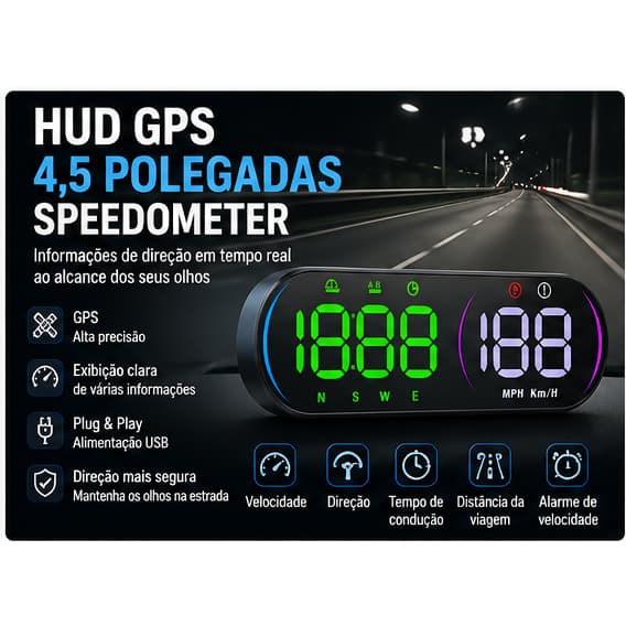 Head Up Display Carro GPS Velocidade KM MPH Universal HUD Bússola Brilho Automático Aviso De Excesso De LED