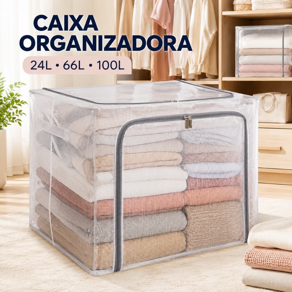 Caixa Organizadora Transparente 24L 66L 100L c/ Zíper PVC, À Prova d'Água e Umidade, para Casa e Guarda-Roupas