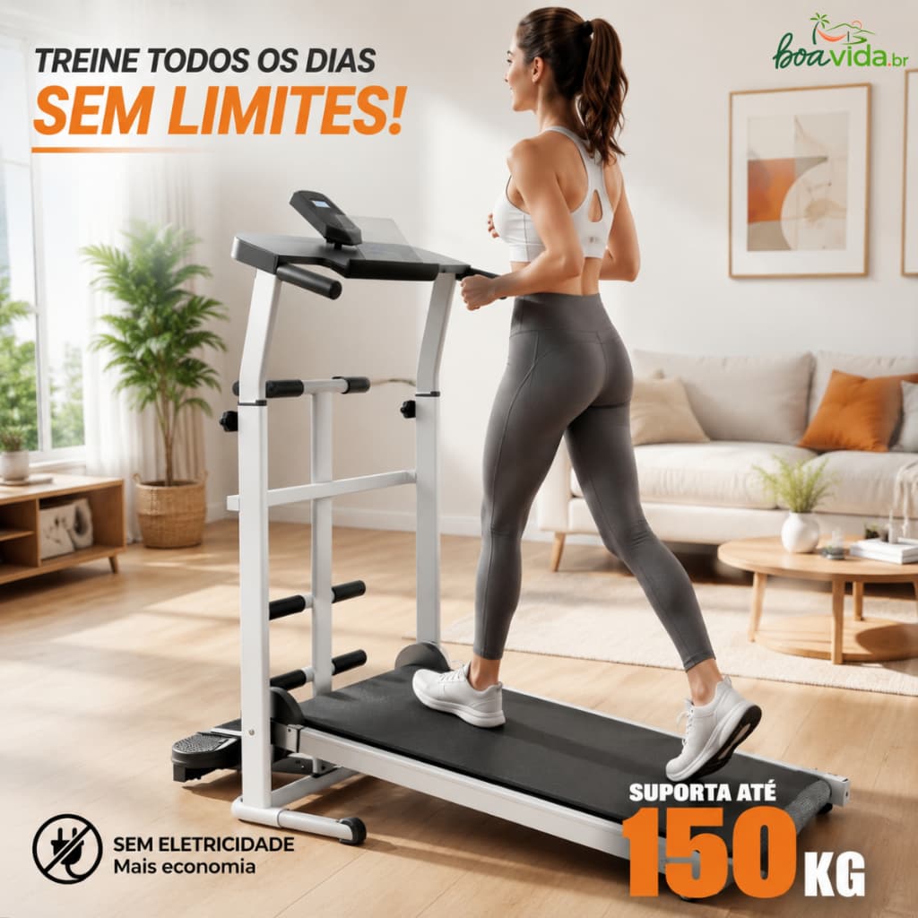 Esteira Ergométrica Multifuncional Silenciosa Dobrável Inclinação Ajustável 150kg Uso Residencial NãoRequer Eletricidade