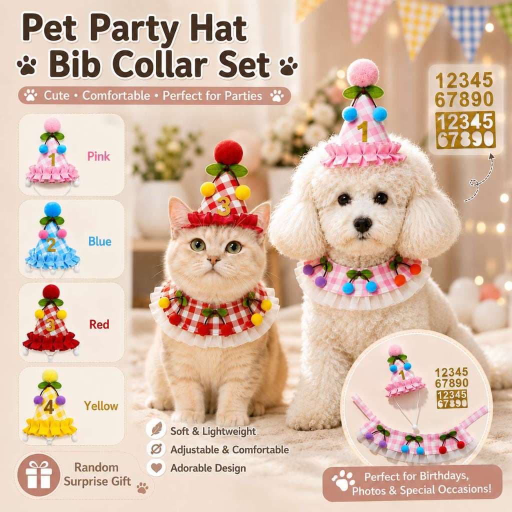 Nova Cereja Bonito Animal De Estimação Aniversário Chapéu E Colar Conjunto Xadrez Gato Cão Decoração Foto Check-in