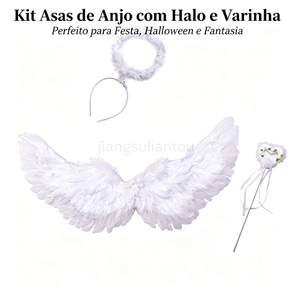 Kit Asas de Anjo com Halo e Varinha Mágica Infantil para Festa Halloween Fantasia Carnaval