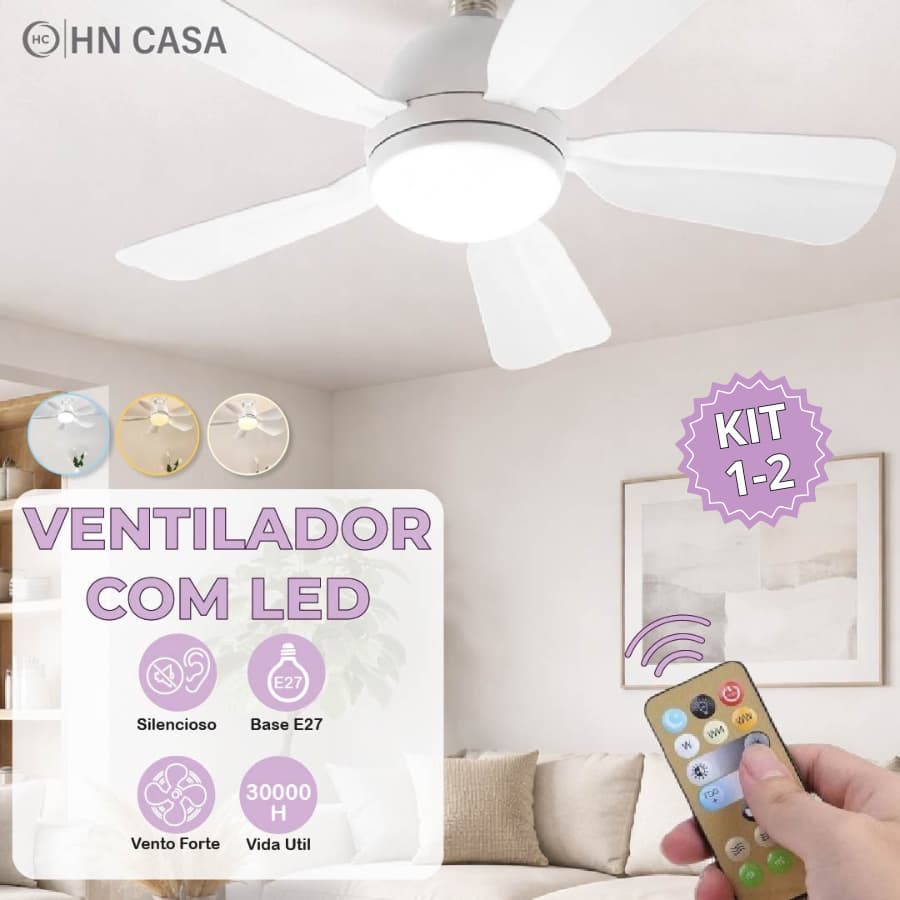 Ventilador de Teto Retrátil Lâmpada 3 Cores Silencioso 60W ou 100W Pás Design Sofisticado Bivolt