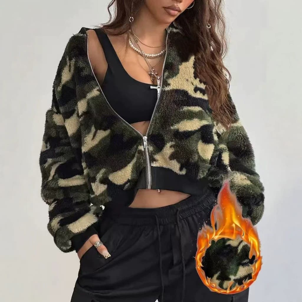 Costura impressa com rosca zíper Cardigan Casual feminino outono inverno jaqueta de pelúcia