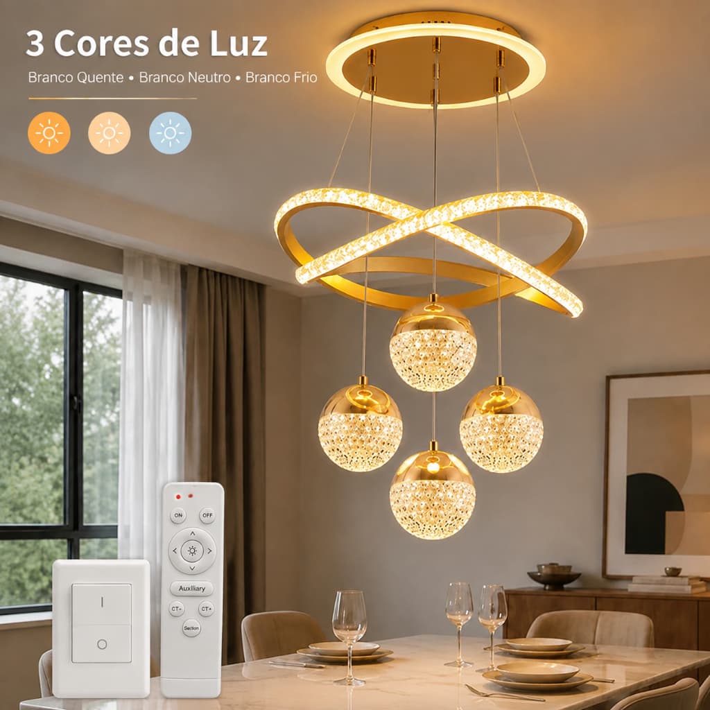 Luminária de Teto Lustre Pendente LED Moderno com Três Cores de Luz para Sala, Quarto, Cozinha e Ambientes Internos