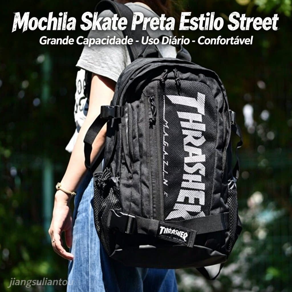 Mochila Skate Preta Nylon Estilo Urbano Grande Capacidade Bolsos Laterais Escola Trabalho Viagem