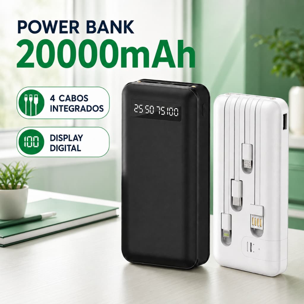 Carregador Power Bank Portátil de celular 20000mah Universal Saida 4 Cabos