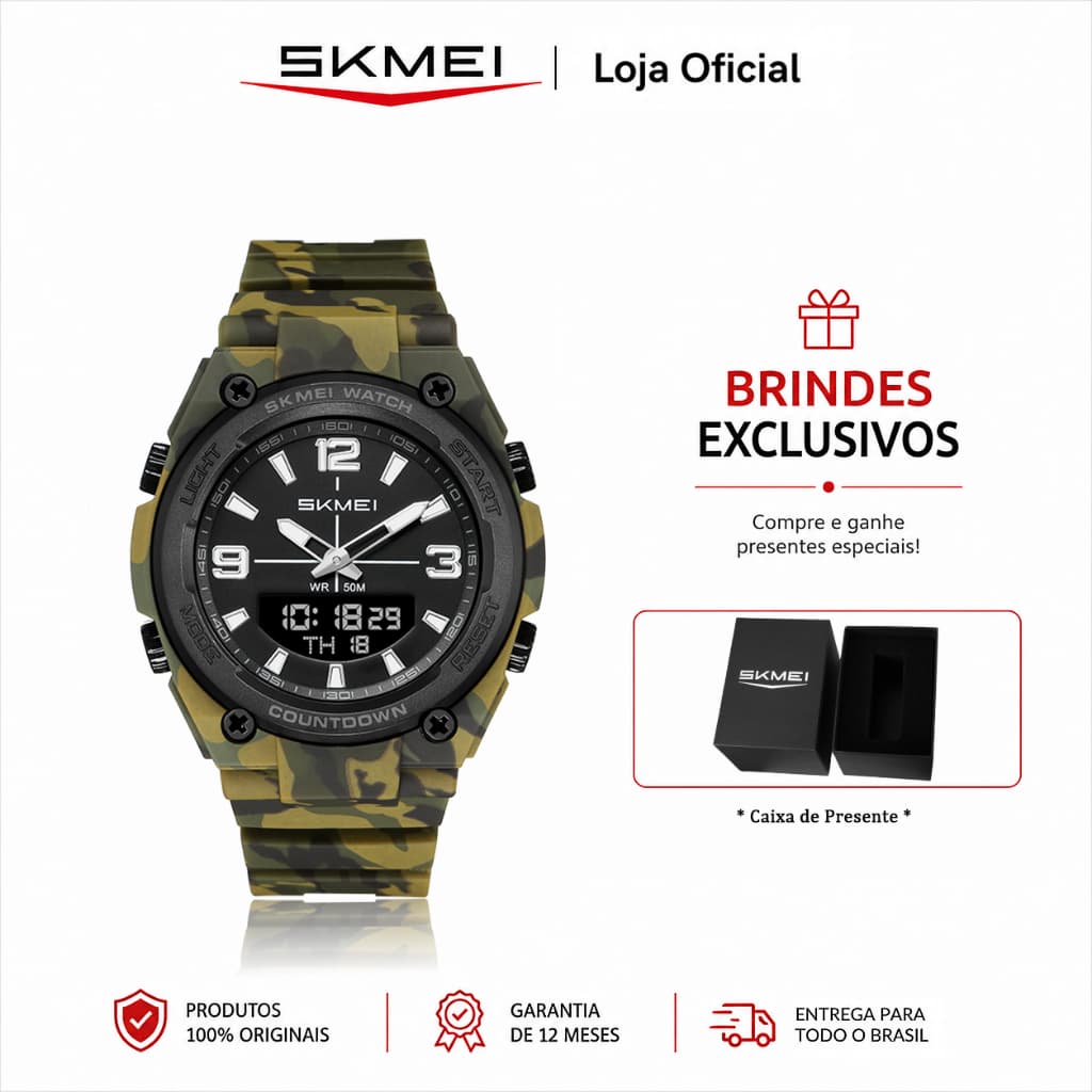 SKMEI 2796 Relógio Analógico Digital Unissex Esportivo Cronômetro Contagem Regressiva Luz LED 5ATM