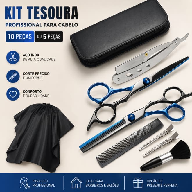 Kit Tesoura Barbeiro Fio Navalha E Desfiadeira + Acessórios Espanador Pente Presilhas em Metal Navalhete e Capa Cabeleir