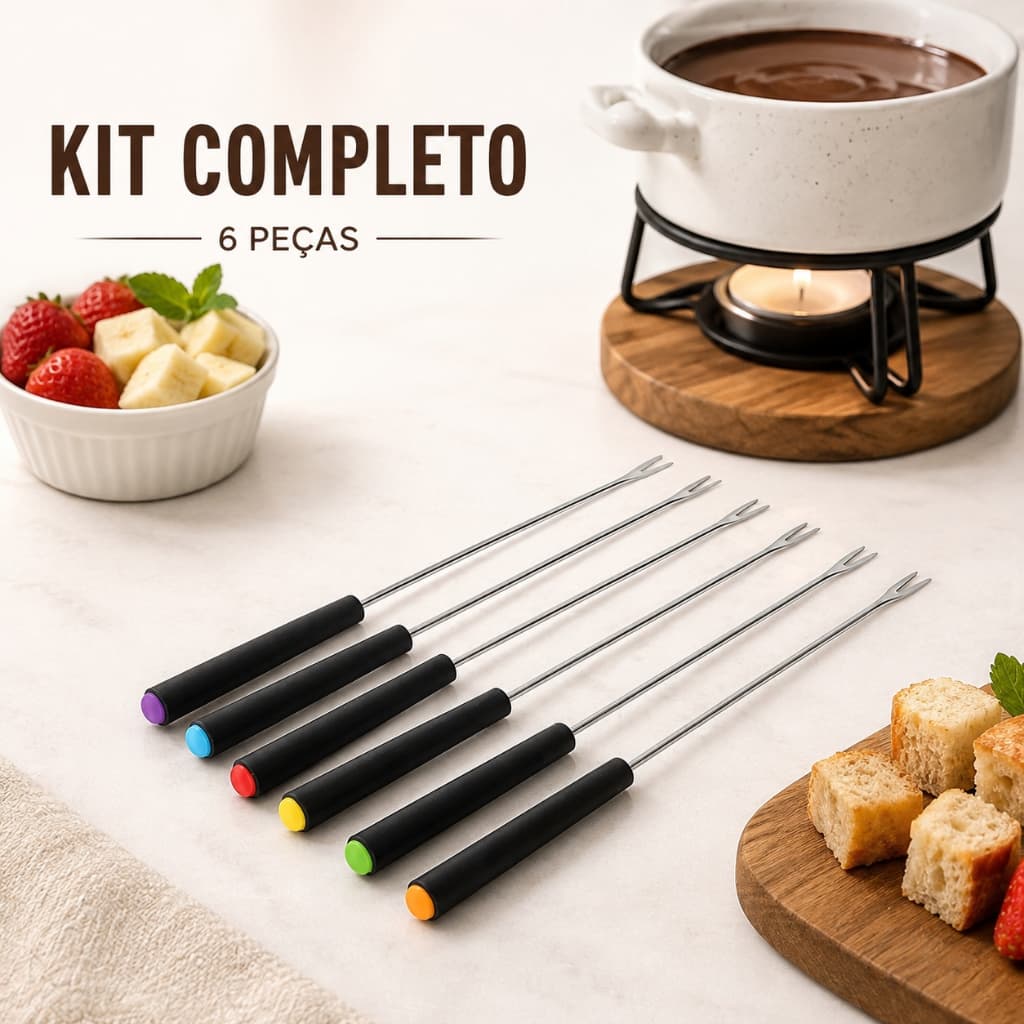 Kit 6 Garfos Para Fondue Aço Inox Petiscos Queijo Aperitivos Chocolate
