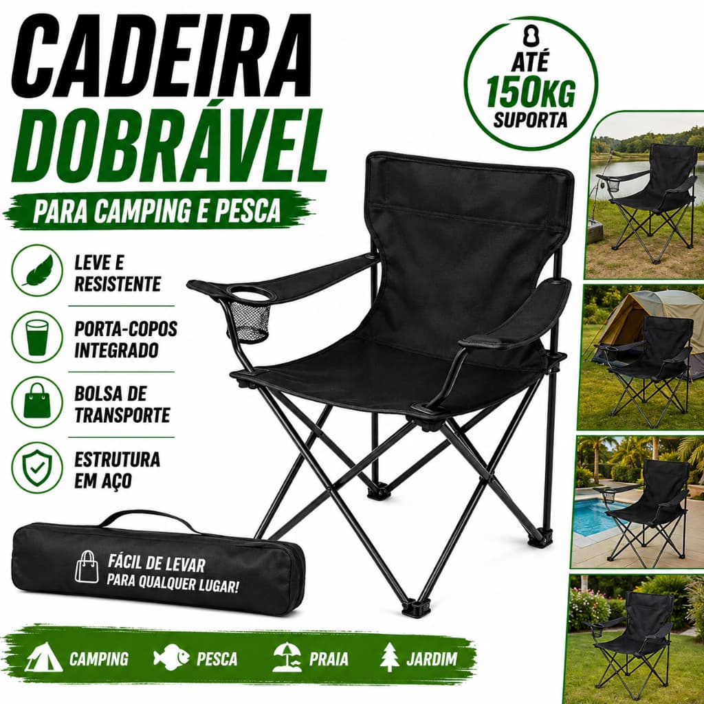 Cadeira Dobrável Grande Portátil 150kg Camping Praia Kala Cadeira Banco Banqueta Pesca Camping Praia com Apoio de Braço