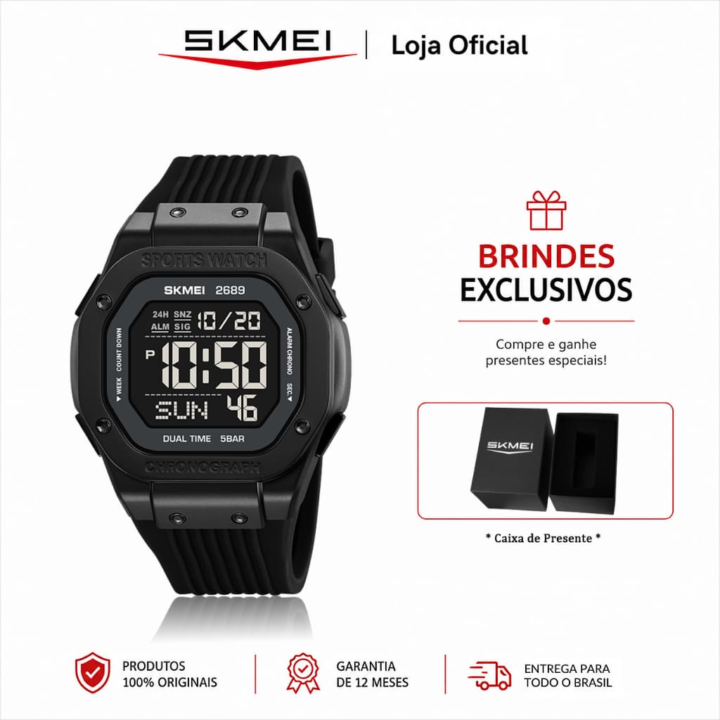 SKMEI 2689 Relógio Digital Unissex Esportivo Quadrado Retrô Cronômetro Alarme Dupla Hora Luz EL 5ATM