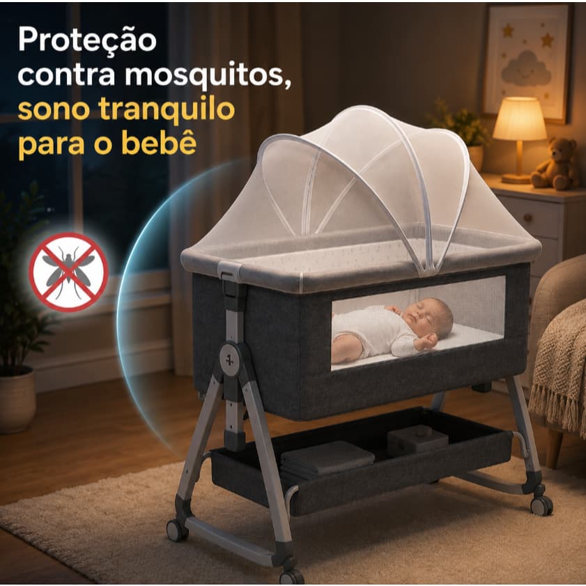 SOLARA BABY Berço Moisés Portátil Co-Leito para Bebê, Altura Ajustável, Dobrável, com Mosquiteiro e Rodinhas