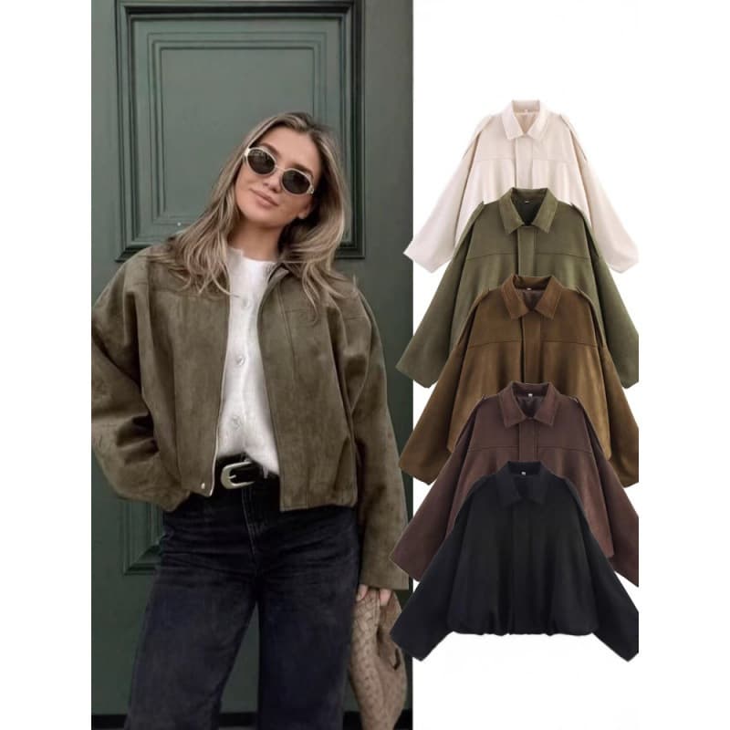 Primavera novos produtos roupas femininas europeias americanas textura de camurça lapela jaqueta Bomber casaco