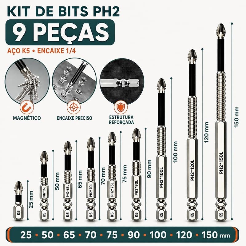 Kit Bits PH2 para Parafusadeira 1/4 Antiderrapante em Aço K5 – 9 Peças