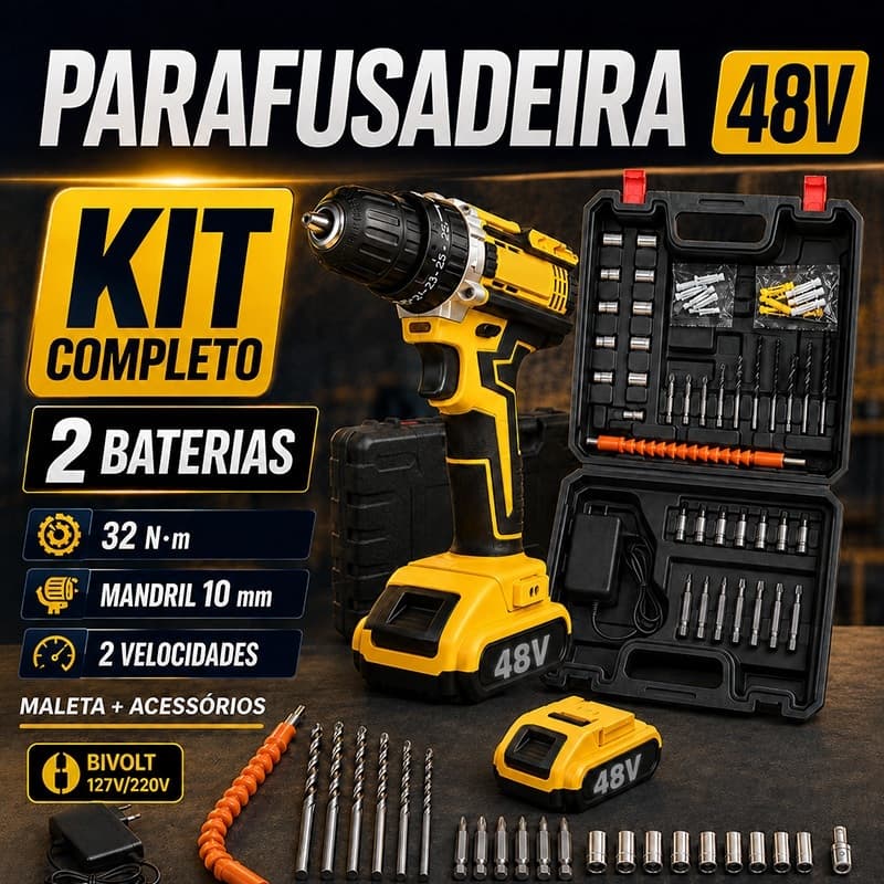 Kit Parafusadeira Recarregável 48V Profissional com 2 Baterias Maleta e Acessórios Completos