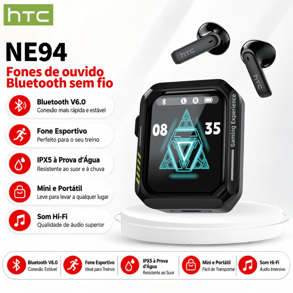 HTC NE94 Fone de ouvido para jogos TWS Bluetooth V6.0 com suporte para 134 idiomas AI ​​Fone de ouvido inteligente com