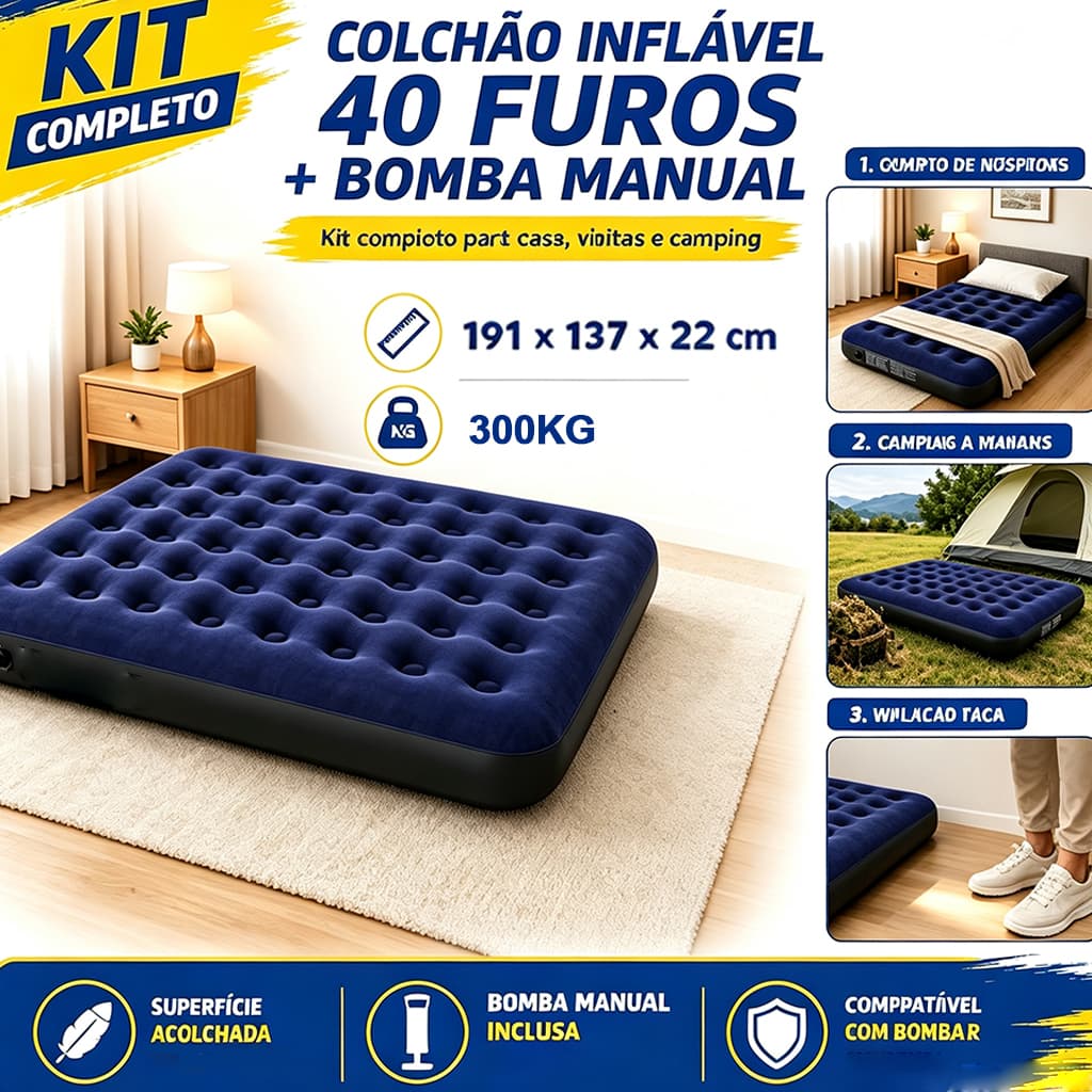Colchão inflável individual/duplo + travesseiro, com bomba de ar opcional, suporta até 300 kg