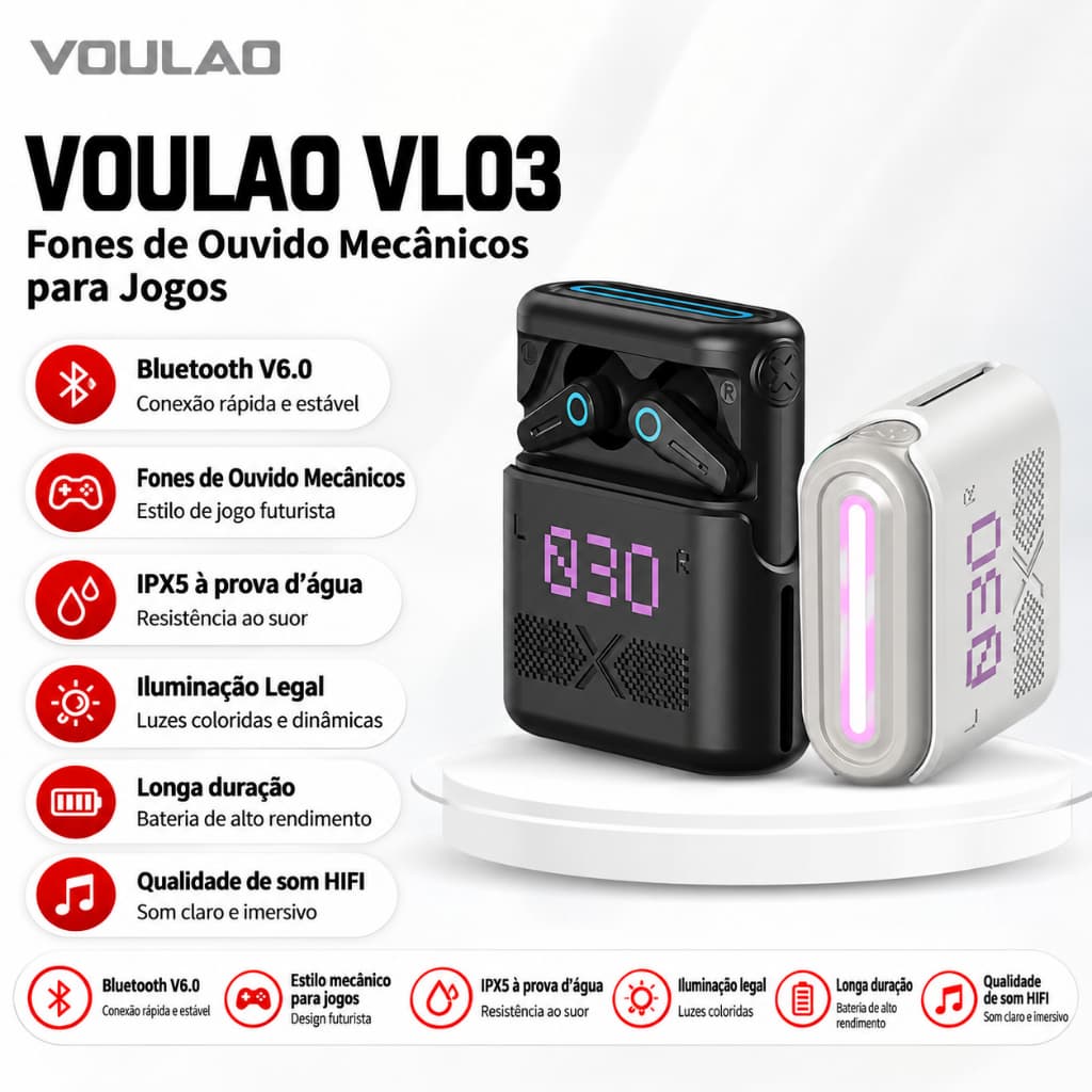 VOULAO VL03 True Wireless Bluetooth Headset V6.0 TWS Suporta jogos e cenas esportivas com nível IPX5 Desempenho à prova