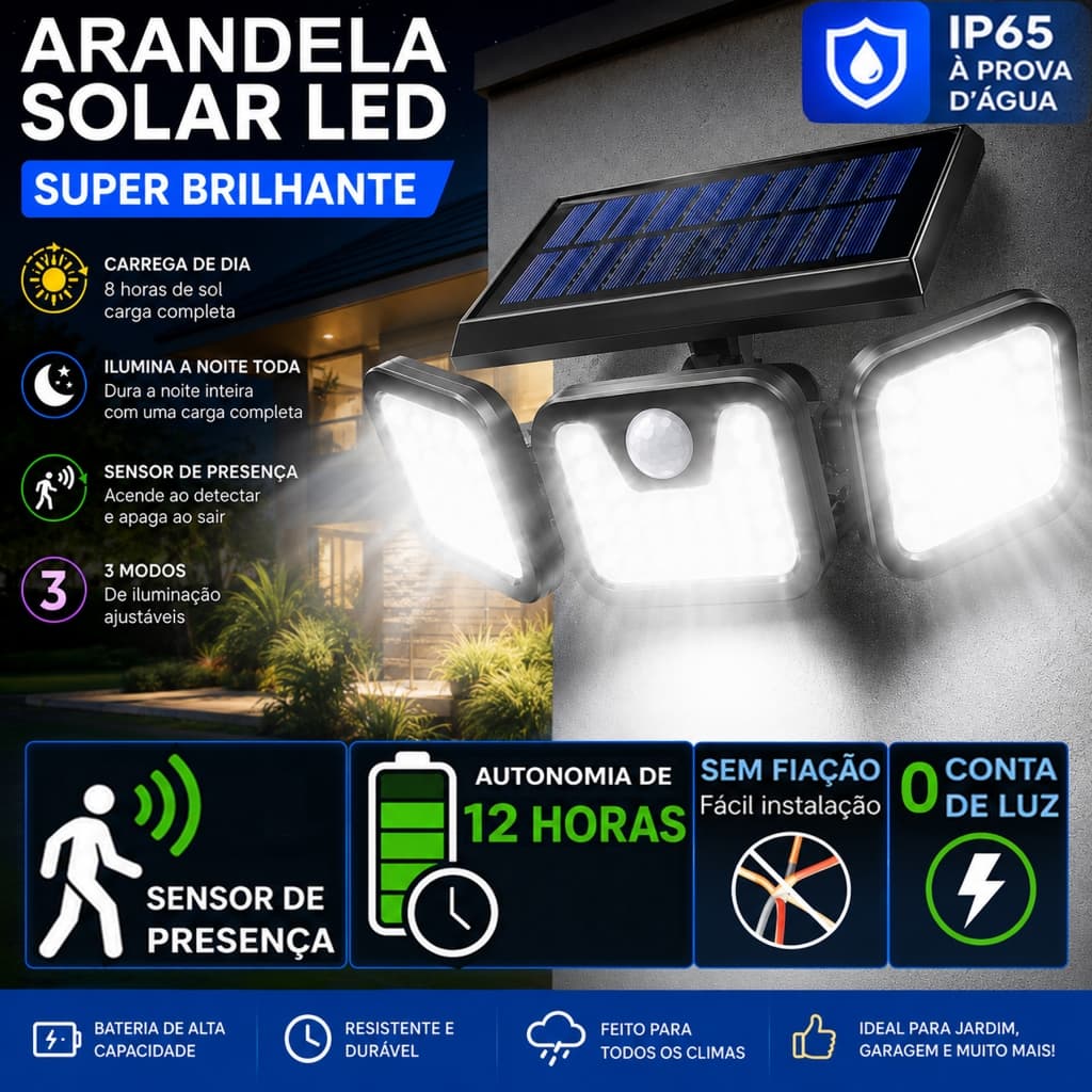 Arandela Solar Externa com Sensor de Presença/Movimento e 3 Painéis de Luz Rotativos 270 Graus, 100 LEDs, À Prova d'Água