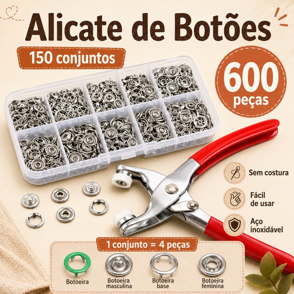 kit de Alicate Aplicador Para Botao De Metal De Pressao Roupa Bebe C/ 150 botões de roupas