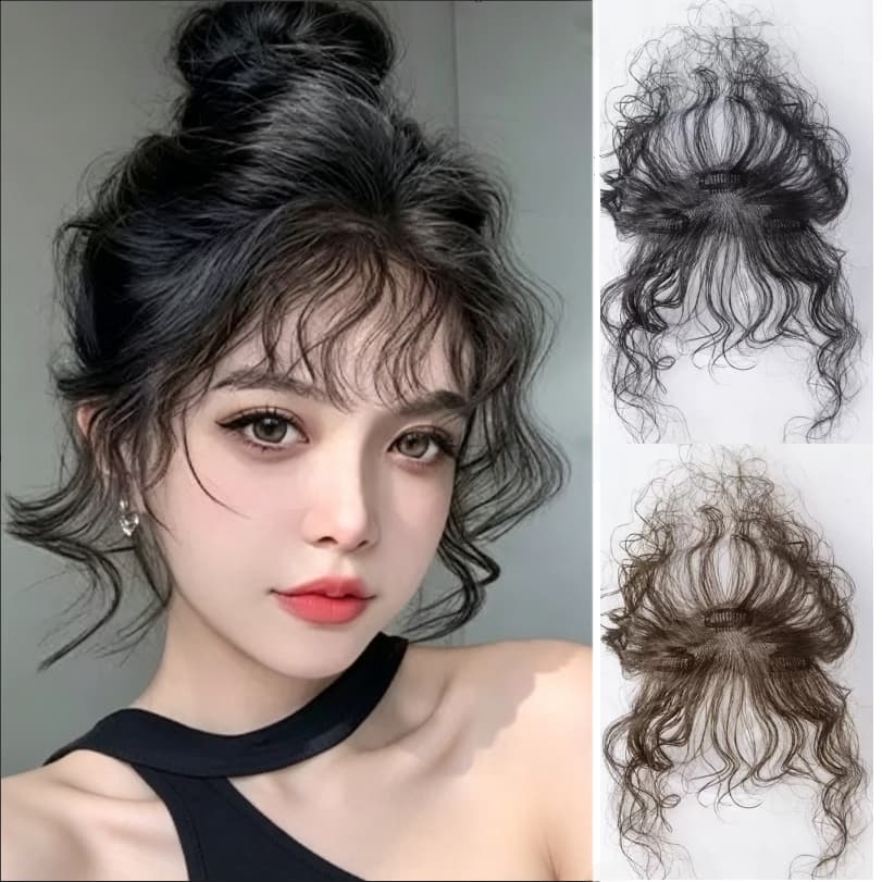 Artigo decorativo Topo ondulado com franja para linha do cabelo renda invisível de Cabelo Humano com tic‑tac 25cm