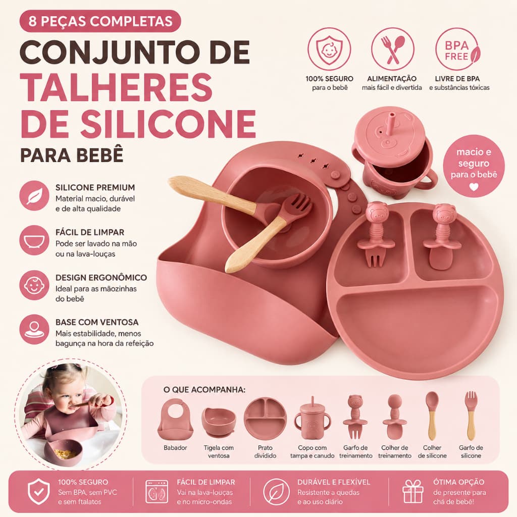 Kit Alimentação Bebê Silicone com Ventosa Tigela Colher Garfo Livre de BPA