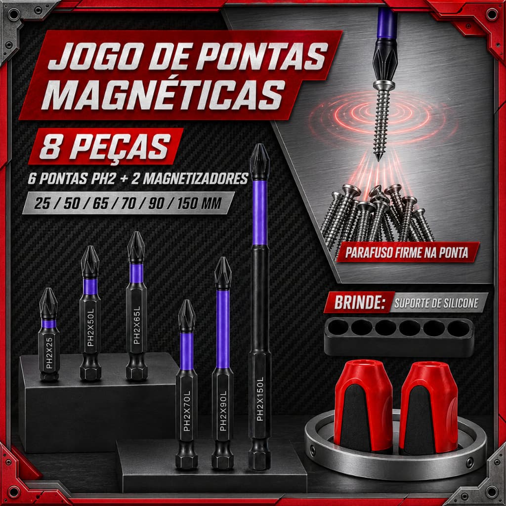 Kit 8 Bits Magnético Ponteira Philips Parafusadeira Ph2 Jogo Imantado Antiderrapante Com Imã Sextavado