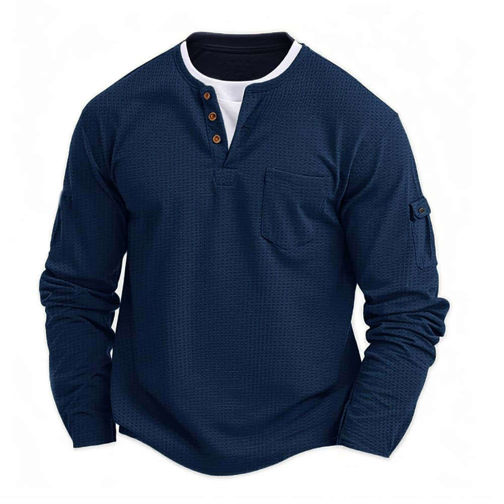 Camiseta Masculina Waffle De Manga Comprida , Pulôver Com Gola Contrastante De Camada Simulada